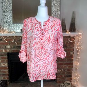 Grand & Greene Coral and White Patterned Top, Size Large